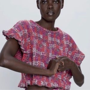 Zara metallic ruffled sleeve knit crop top m